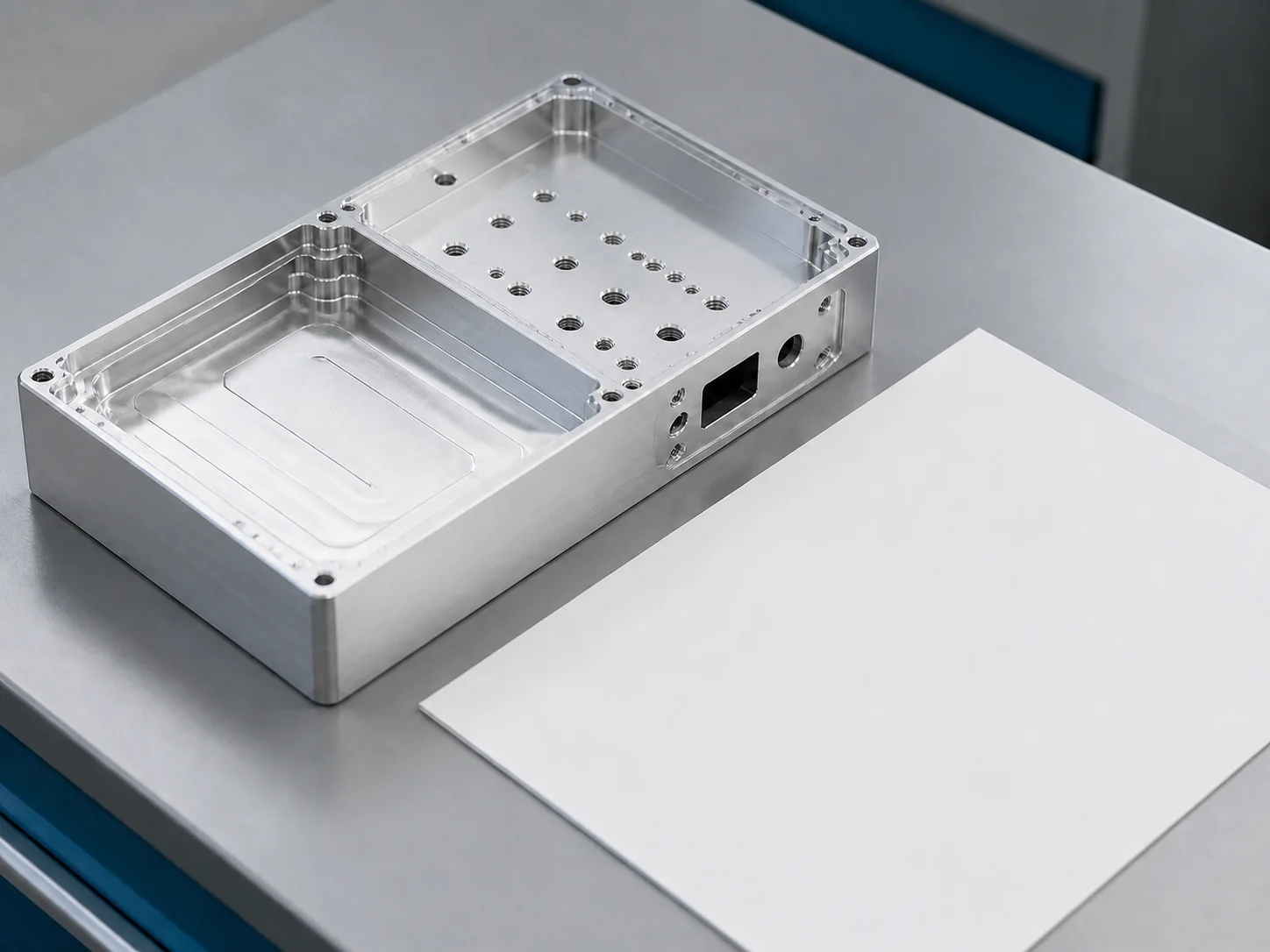 Illustrative enclosure review layout showing a pocketed profile, a hole pattern, and a side interface.