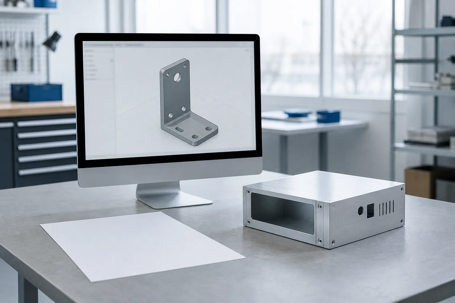 Illustrative digital quote-review scene with a generic CAD model, an aluminum enclosure, and a blank drawing sheet.