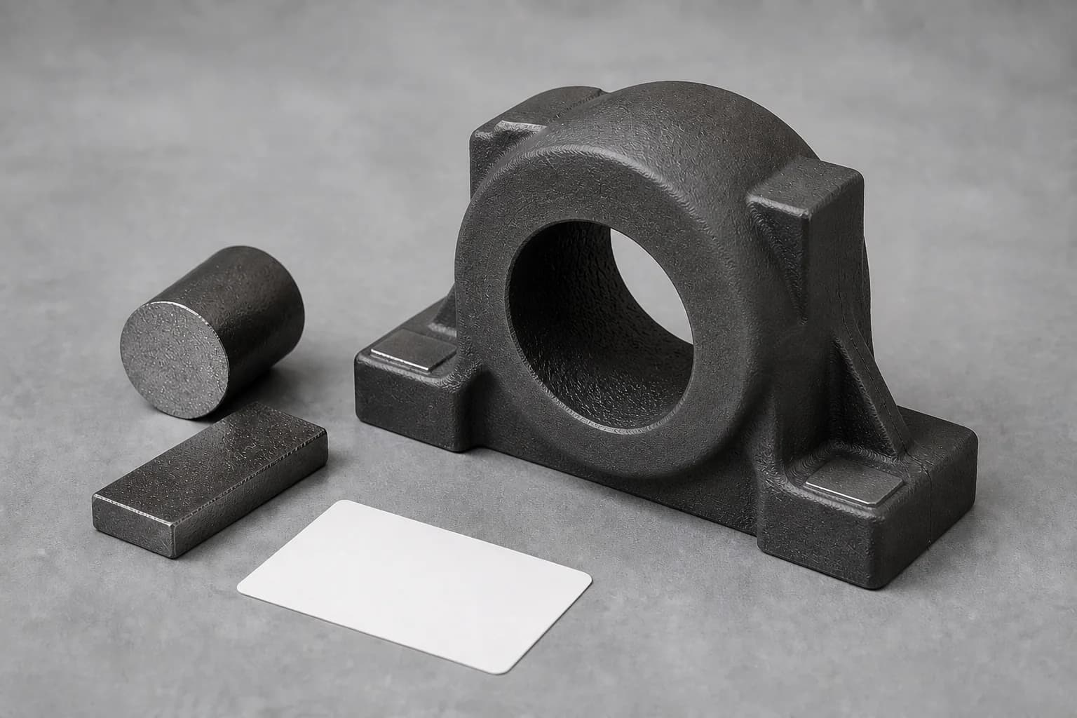 Illustrative cast iron request-planning arrangement with one unmarked short round sample and one unmarked rectangular cast coupon beside one unfinished dark-gray bearing-housing casting showing an open rough bore, ribbed walls, base feet, raised allowance pads, and a blank material-reference card