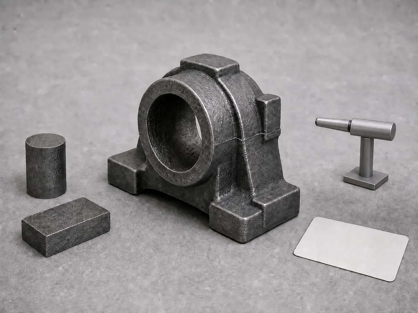 Illustrative cast iron request-planning layout with one unmarked short round sample and one unmarked rectangular cast coupon beside one unfinished dark-gray bearing-housing casting showing an open rough bore, as-cast skin, parting ridge, ribbed walls, base feet and allowance pads, with a retracted non-contact probe and blank record card