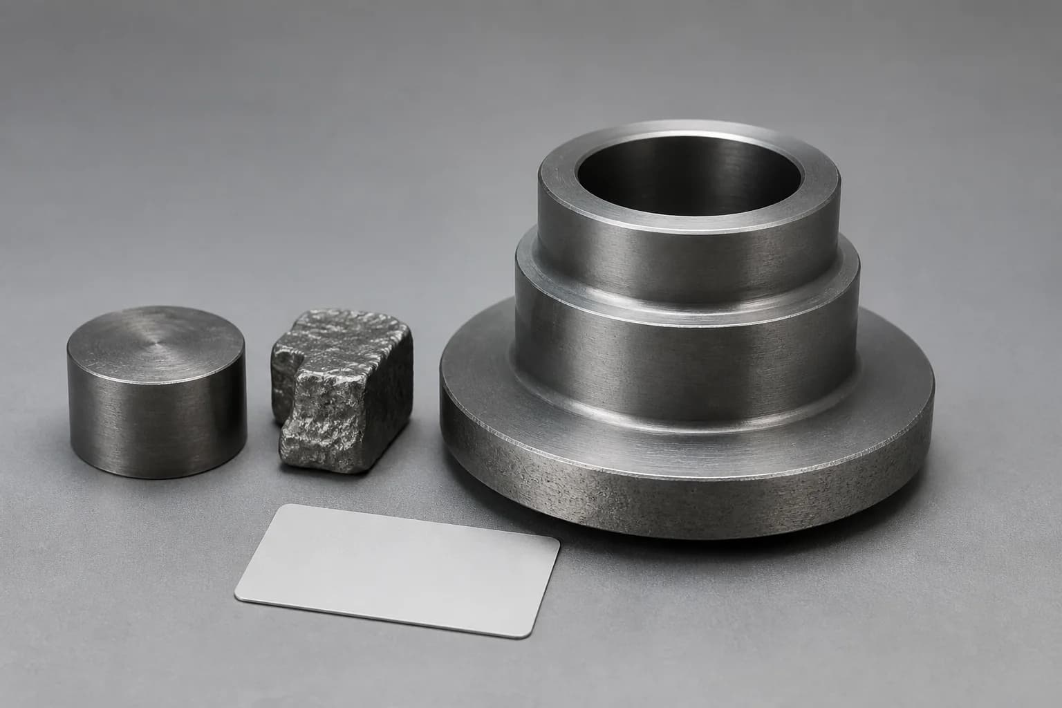 Illustrative cobalt request-planning arrangement with one unmarked short dark-silver round form and one unmarked small cast coupon beside one unfinished generic flanged sleeve-and-seat body showing an open dry bore, stepped outer wall, broad plain collar, raw allowance faces, and a blank material-reference card