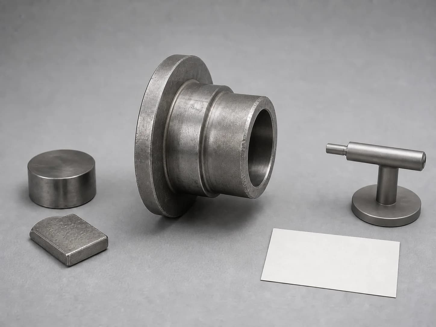 Illustrative cobalt request-planning layout with one unmarked short dark-silver round form and one unmarked small cast coupon beside one unfinished generic flanged sleeve-and-seat body showing an open dry bore, stepped outer wall, broad plain collar, raw allowance faces, and interface shoulders, with a fully framed retracted non-contact probe on a plain low support and a blank record card