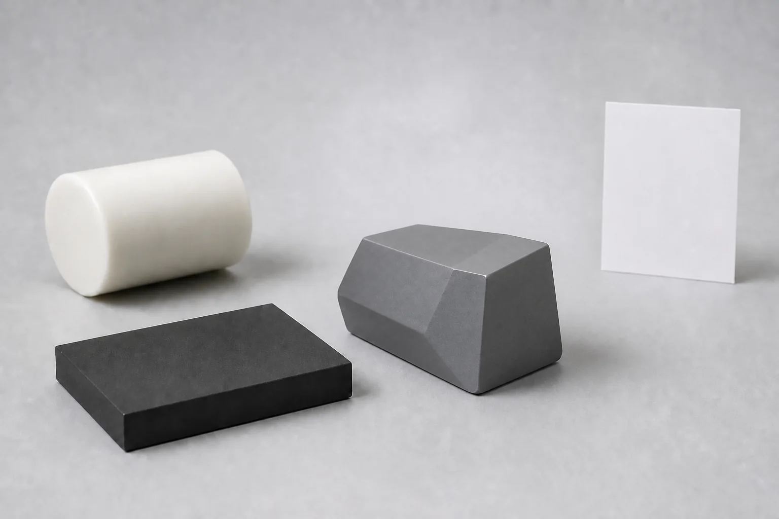 Illustrative Delrin request-planning arrangement with one unmarked warm-white opaque short solid round form and one unmarked charcoal opaque low rectangular flat form beside one compact monolithic cool-grey opaque asymmetric convex faceted request-planning solid showing one broad laterally canted quadrilateral top face, two broad unequal mutually nonparallel visible side faces, exactly two short unequal oblique transition facets adjoining one broad camera-near planar terminal face, a fully solid compact irregular convex envelope, dense homogeneous fine low-sheen surfaces with subtle planar surface variation, and square blunt nonfunctional edges, plus one completely blank material-reference card