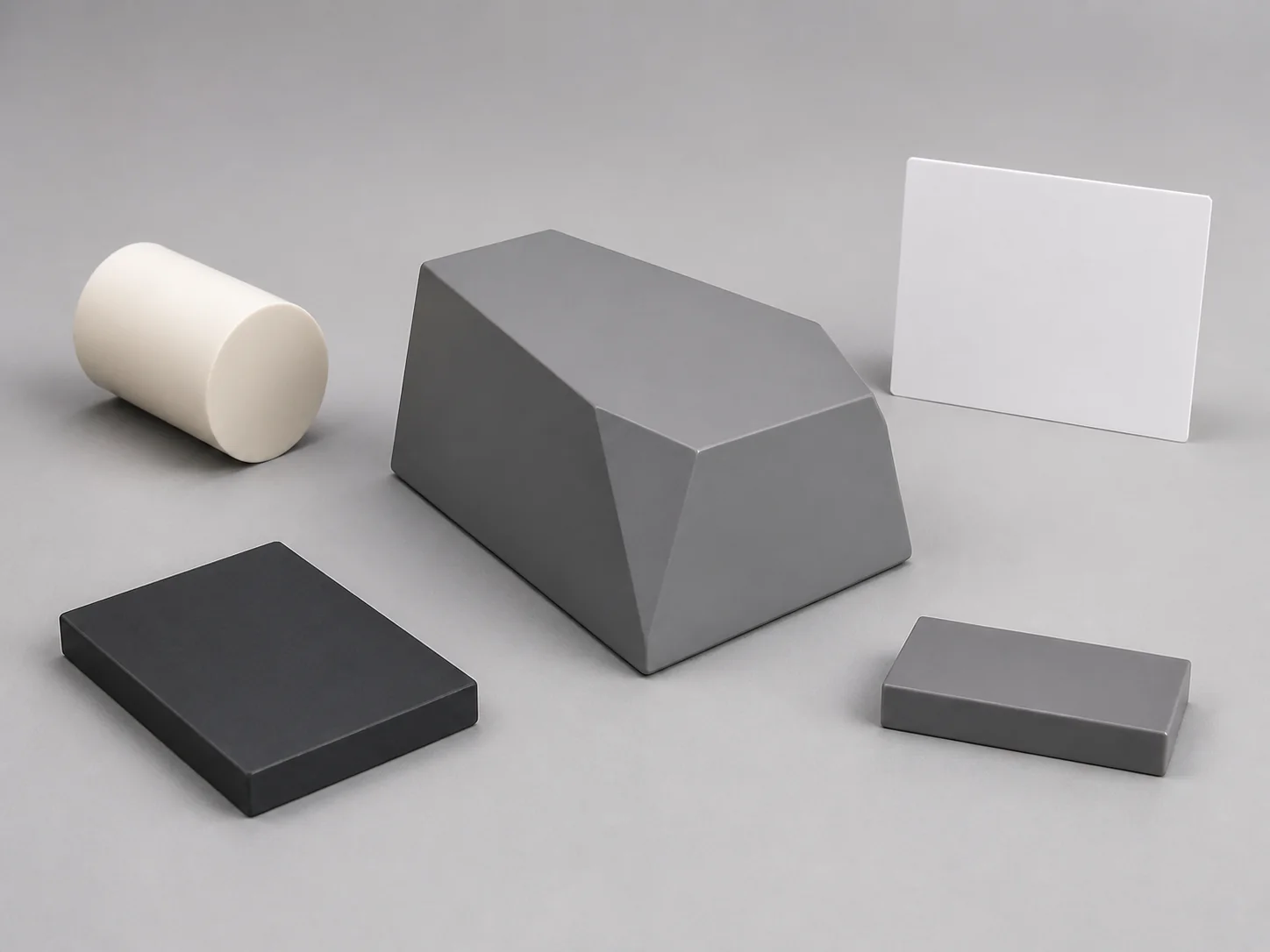 Illustrative Delrin request-planning layout with one unmarked warm-white opaque short solid round form and one unmarked charcoal opaque low rectangular flat form beside one compact monolithic cool-grey opaque asymmetric convex faceted request-planning solid showing one broad laterally canted irregular pentagonal top face, one broad visible side face, exactly two unequal oblique triangular transition facets adjoining one broad camera-near trapezoidal terminal face, a fully solid compact irregular convex envelope, dense homogeneous fine low-sheen surfaces with subtle planar surface variation, and square blunt nonfunctional edges, one fully separate unmarked mid-grey plain rectangular witness coupon without an indentation or other mark, and one completely blank record card