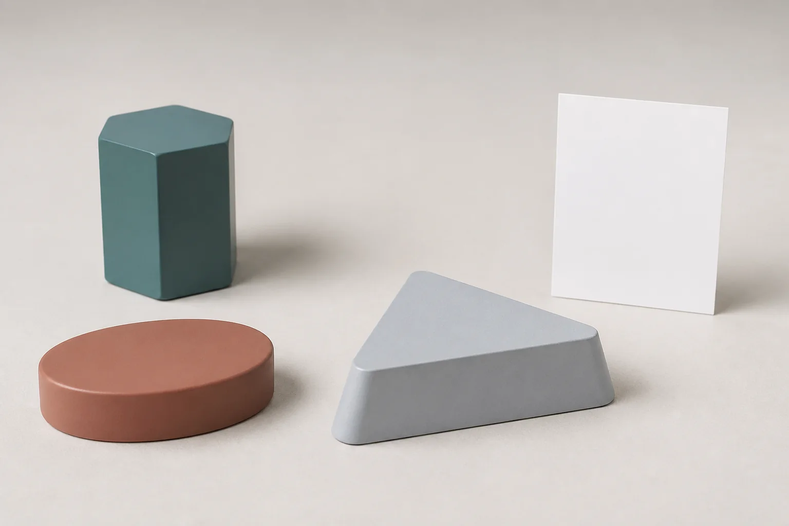 Illustrative Plastic request-planning arrangement with one unmarked muted blue-green opaque short upright hexagonal form and one separate unmarked muted clay opaque low oval form beside one monolithic pale blue-grey opaque low truncated triangular generic solid with one broad unmarked triangular top face, plain outward-sloping side faces, a fully closed envelope, blunt nonfunctional edges and no opening, and one completely blank upright matte-white card