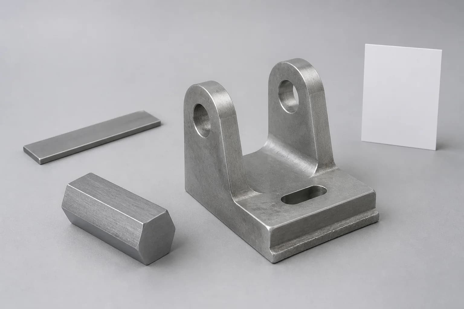 Illustrative stainless-steel material request-planning layout with one unmarked cool-silver short hexagonal form and one unmarked cool-silver flat strip beside one unfinished monolithic cool-silver forked bracket showing a broad stepped base, two parallel upright lugs each with one dry open transverse bore, an open central fork, one shallow oblong base slot, plain datum or mating faces, a raw allowance ledge, and one blank material-reference card