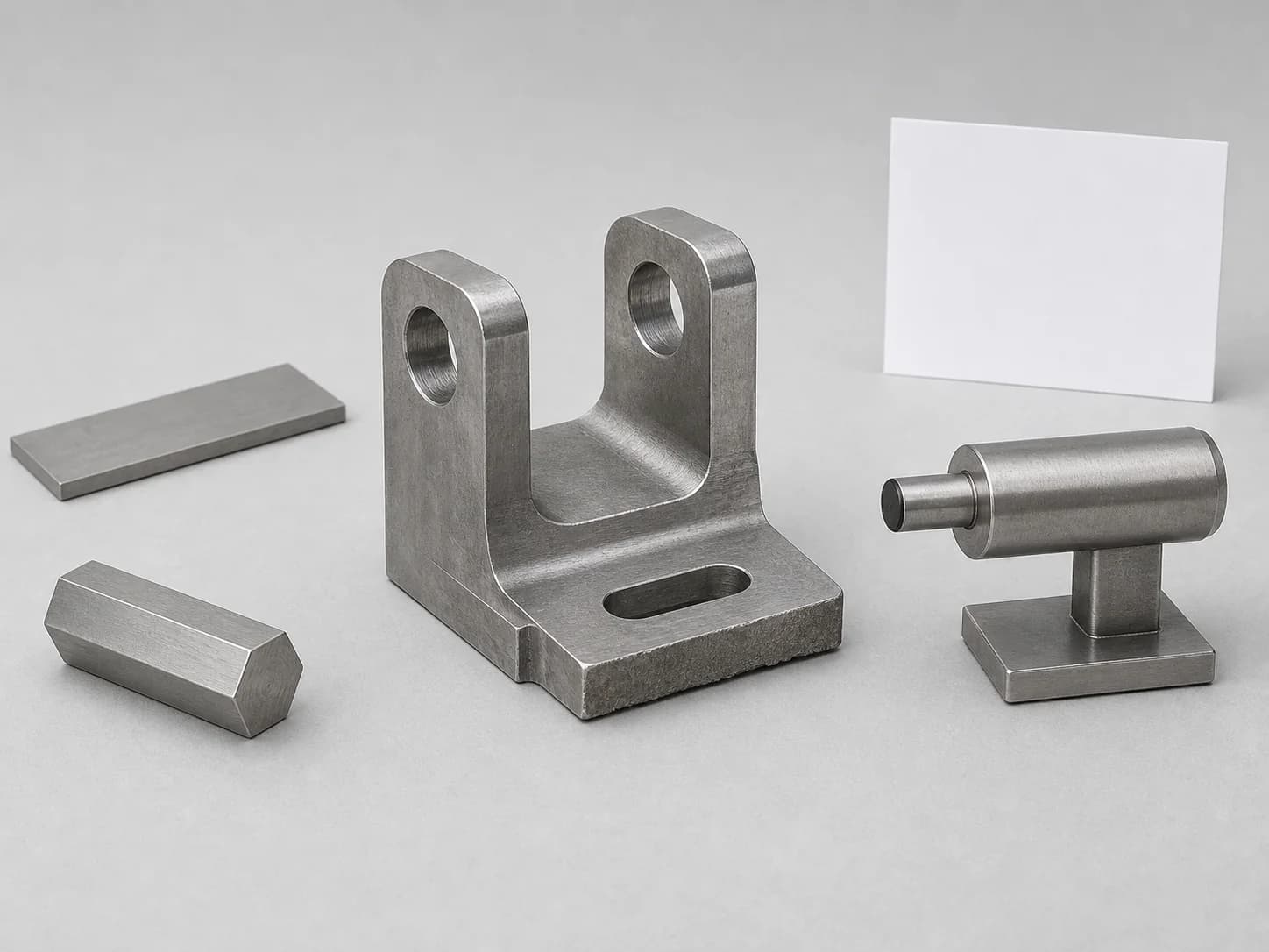 Illustrative stainless-steel material request-planning layout with one unmarked cool-silver short hexagonal form and one unmarked cool-silver flat strip beside one unfinished monolithic cool-silver forked bracket showing a broad stepped base, two parallel upright lugs each with one dry open transverse bore, an open central fork, one shallow oblong base slot, plain datum or mating faces, a raw allowance ledge, one fully framed retracted non-contact sensing nose on a plain low support with a clear air gap, and one blank record card