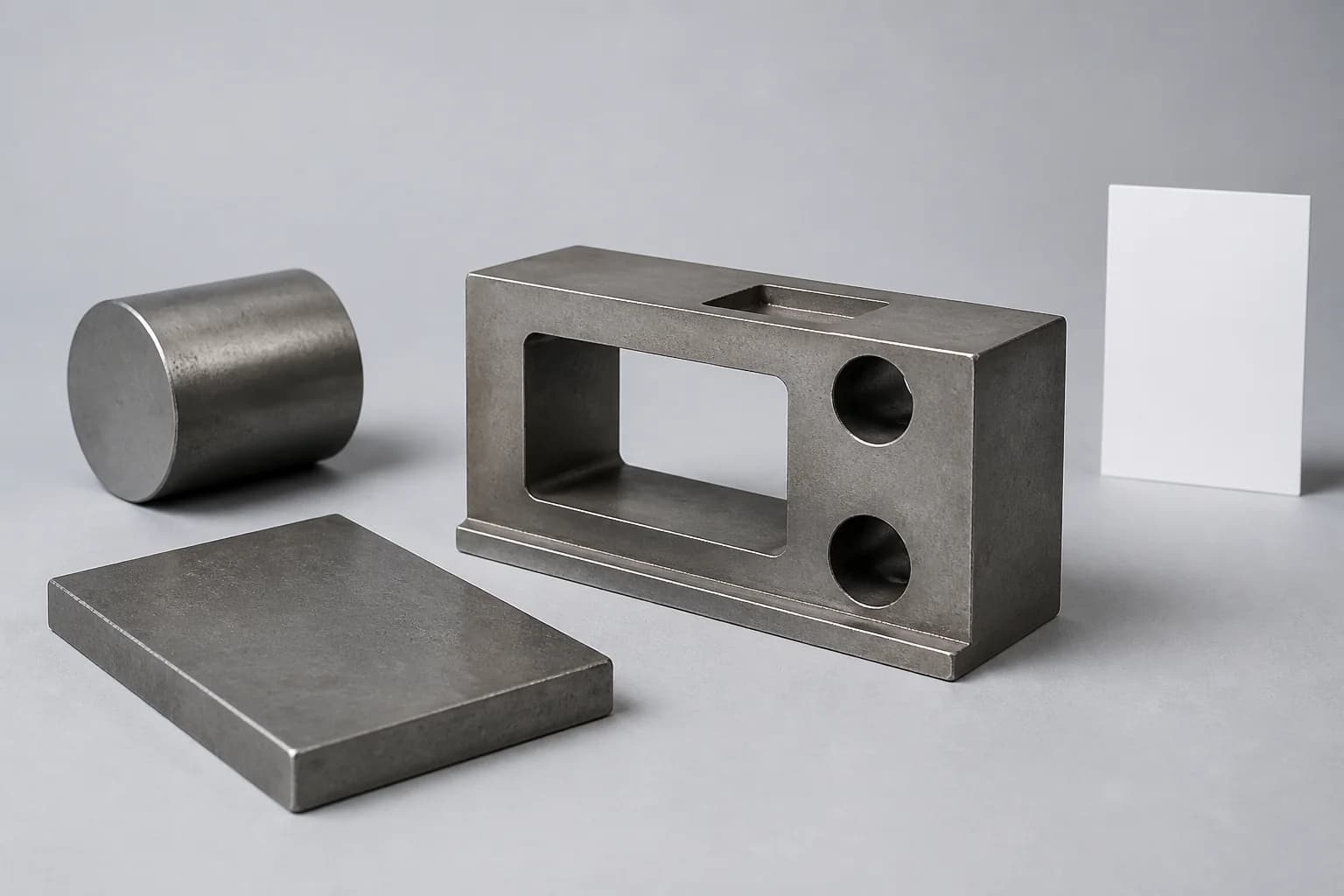 Illustrative tool-steel request-planning arrangement with one unmarked dark-silver short round form and one unmarked dark-silver low rectangular flat form beside one unfinished monolithic dark-silver generic rectangular request-planning body showing one broad dry open through-profile window, two dry open plain cylindrical through bores, one shallow rectangular relief, one stepped outer shoulder or raw allowance ledge, broad plain datum or mating faces, deliberately blunt nonfunctional edges, and one blank material-reference card