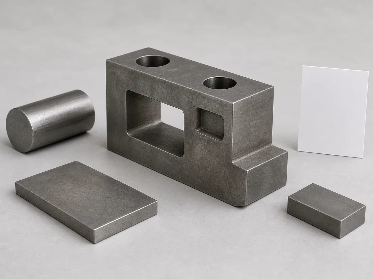Illustrative tool-steel request-planning layout with one unmarked dark-silver short round form and one unmarked dark-silver low rectangular flat form beside one unfinished monolithic dark-silver generic rectangular request-planning body showing one broad dry open through-profile window, two dry open plain cylindrical through bores, one shallow rectangular relief, one stepped outer shoulder or raw allowance ledge, broad plain datum or mating faces, deliberately blunt nonfunctional edges, one separate unmarked dark-silver rectangular witness coupon without an indentation or other mark, and one blank record card