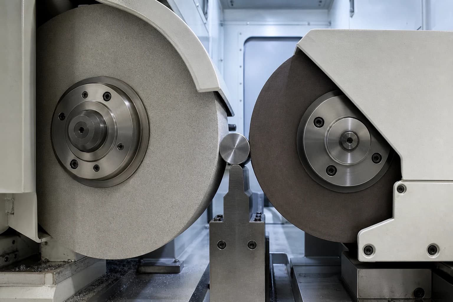 Illustrative centerless grinding setup showing a steel workpiece between a grinding wheel and regulating wheel on a work-rest blade