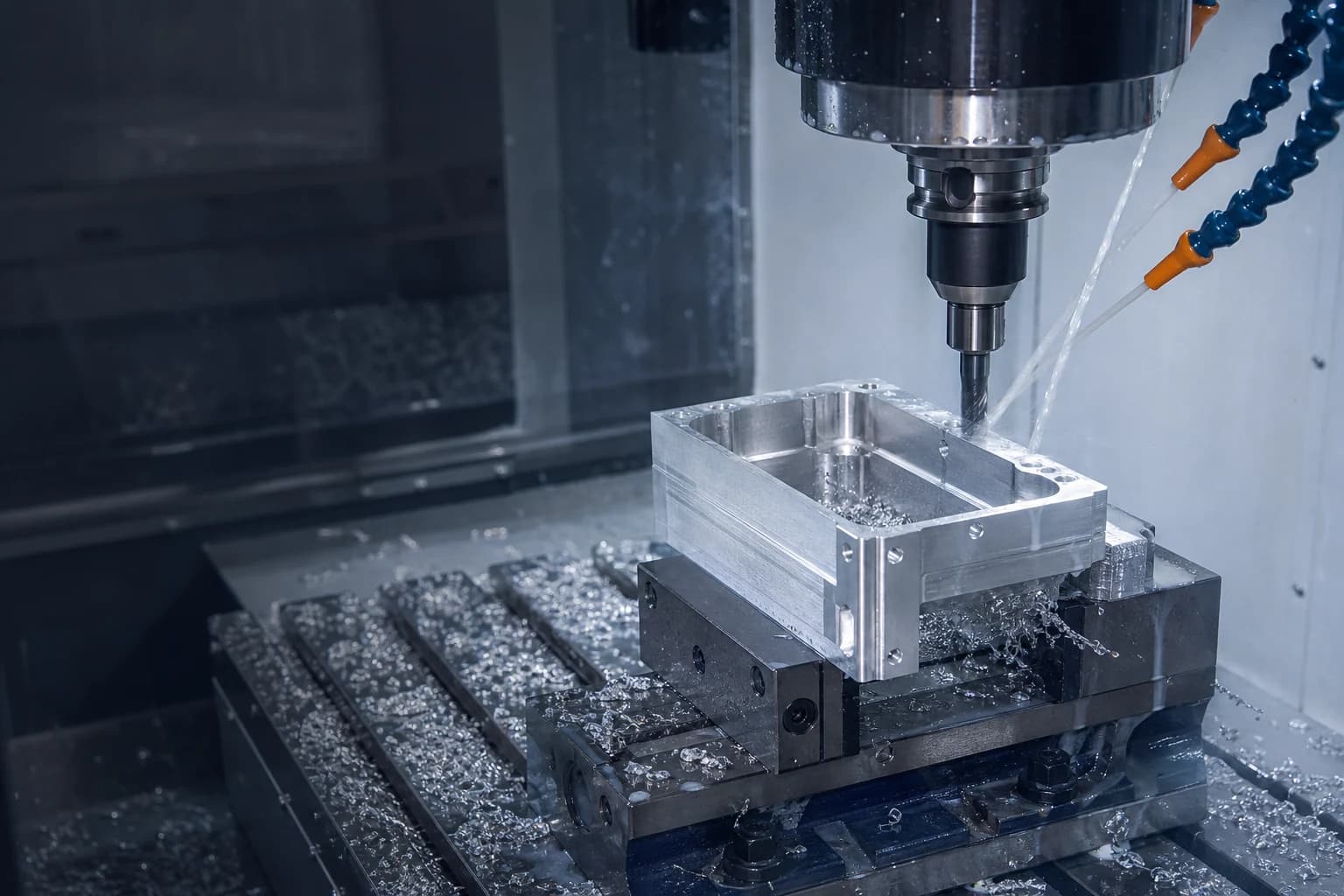 Illustrative CNC milling process with an aluminum housing secured in a machine vise