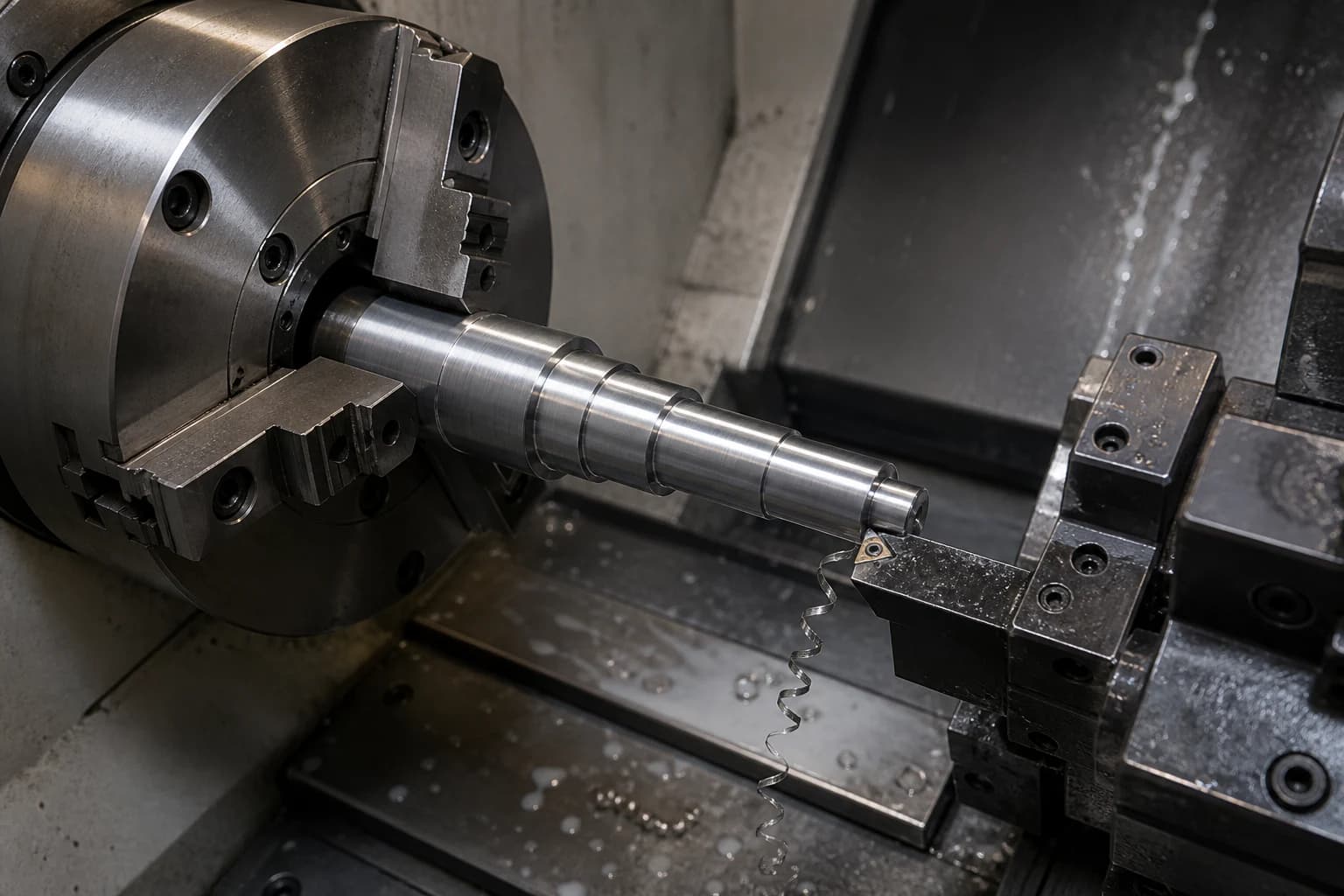 Illustrative CNC lathe cutting the outside diameter of a stepped steel shaft held in a three-jaw chuck