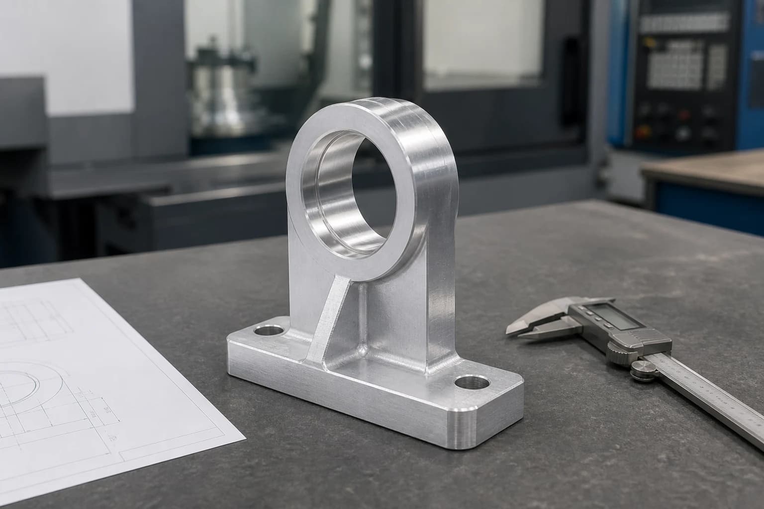 Illustrative custom-machined aluminum bearing bracket beside a technical drawing and digital caliper