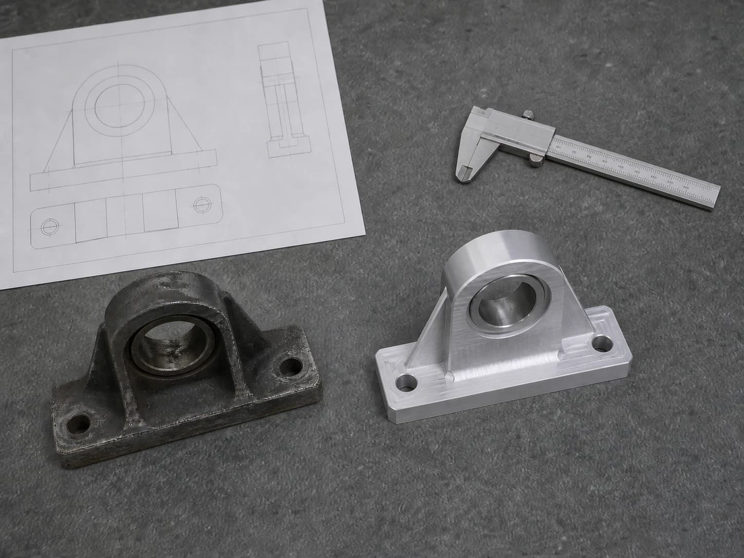 Illustrative custom-job review showing a technical drawing, worn sample bracket, and newly machined replacement