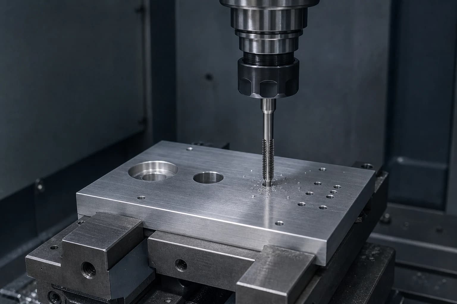Illustrative CNC tap aligned with a hole in an aluminum fixture plate held in a vise