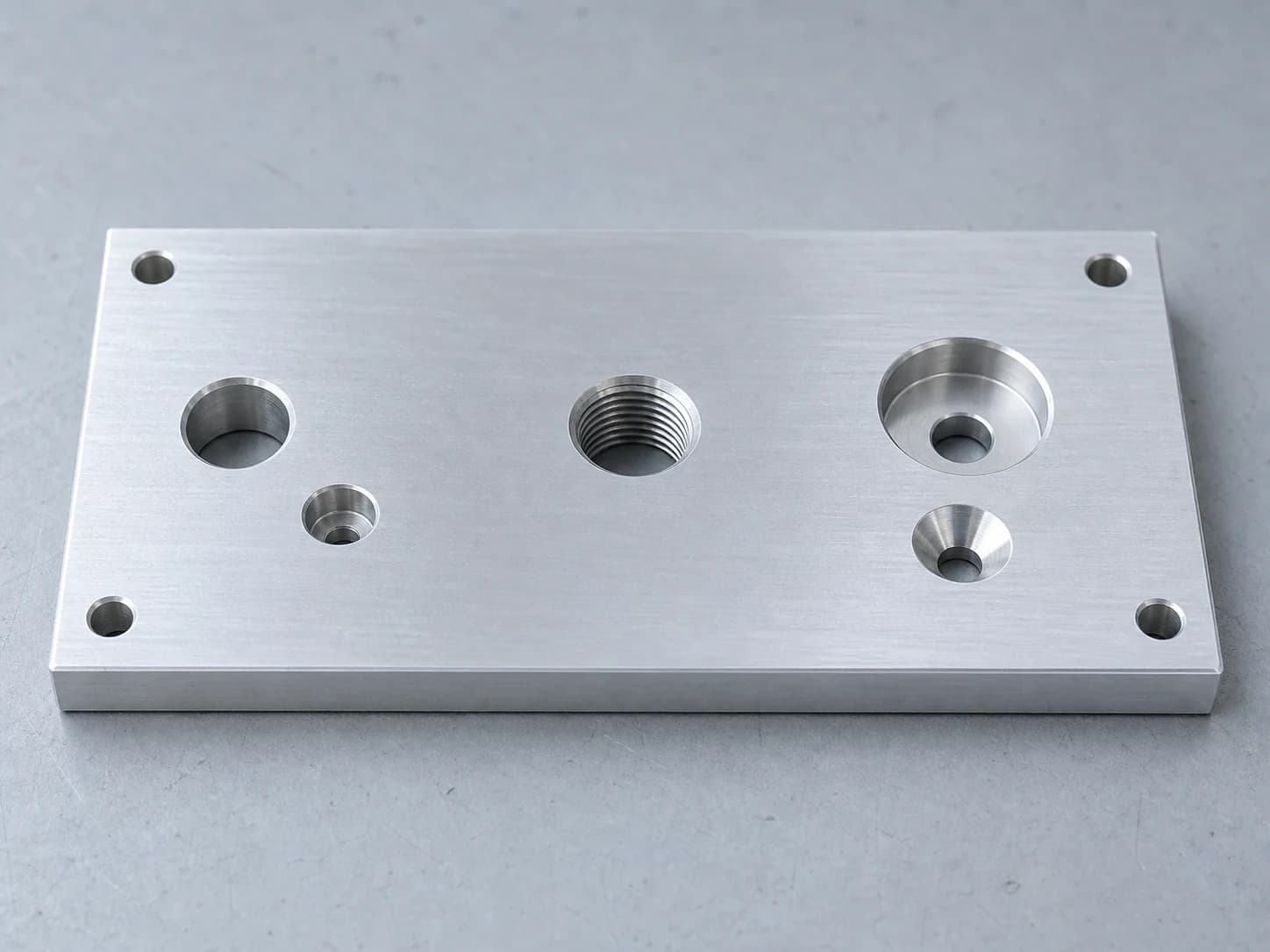 Illustrative machined aluminum fixture plate showing through holes, a tapped hole, a counterbore, and a countersink