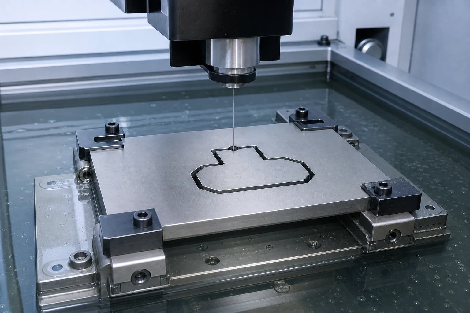 Illustrative wire EDM operation on a steel tooling insert under dielectric fluid