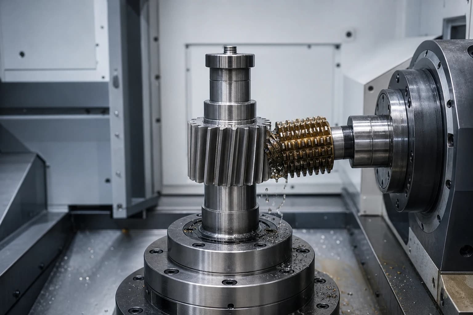CNC gear hobbing setup machining a helical steel gear in a clean industrial cell