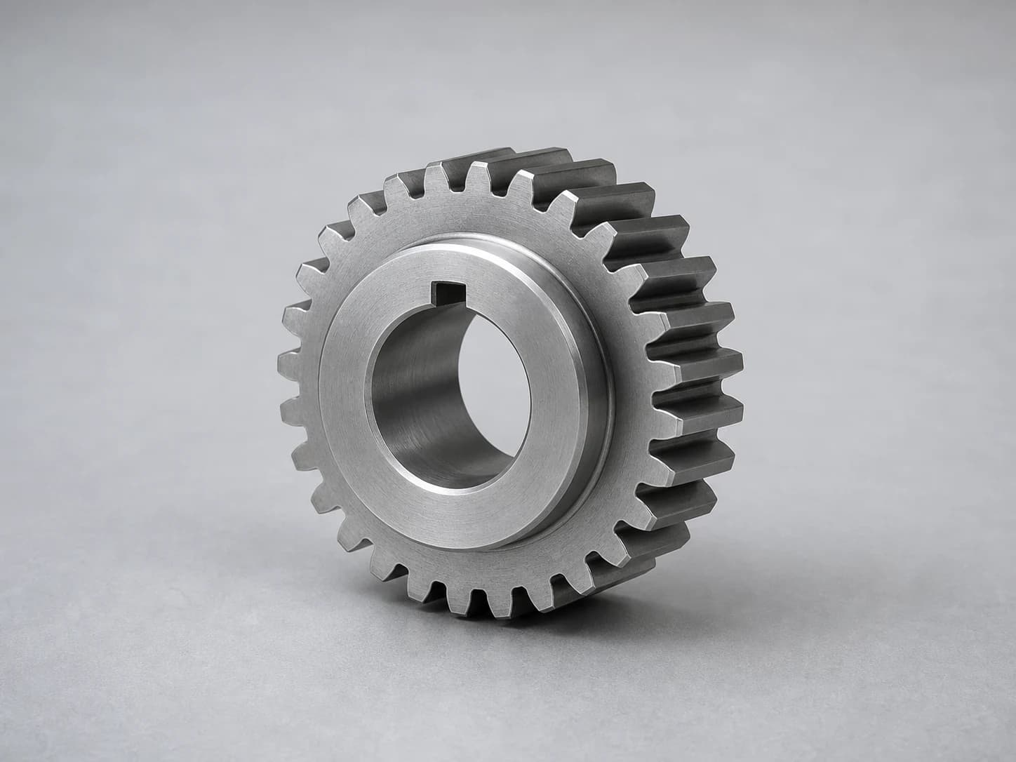 Illustrative machined steel spur gear showing the tooth form, finished bore and hub, and an internal keyway