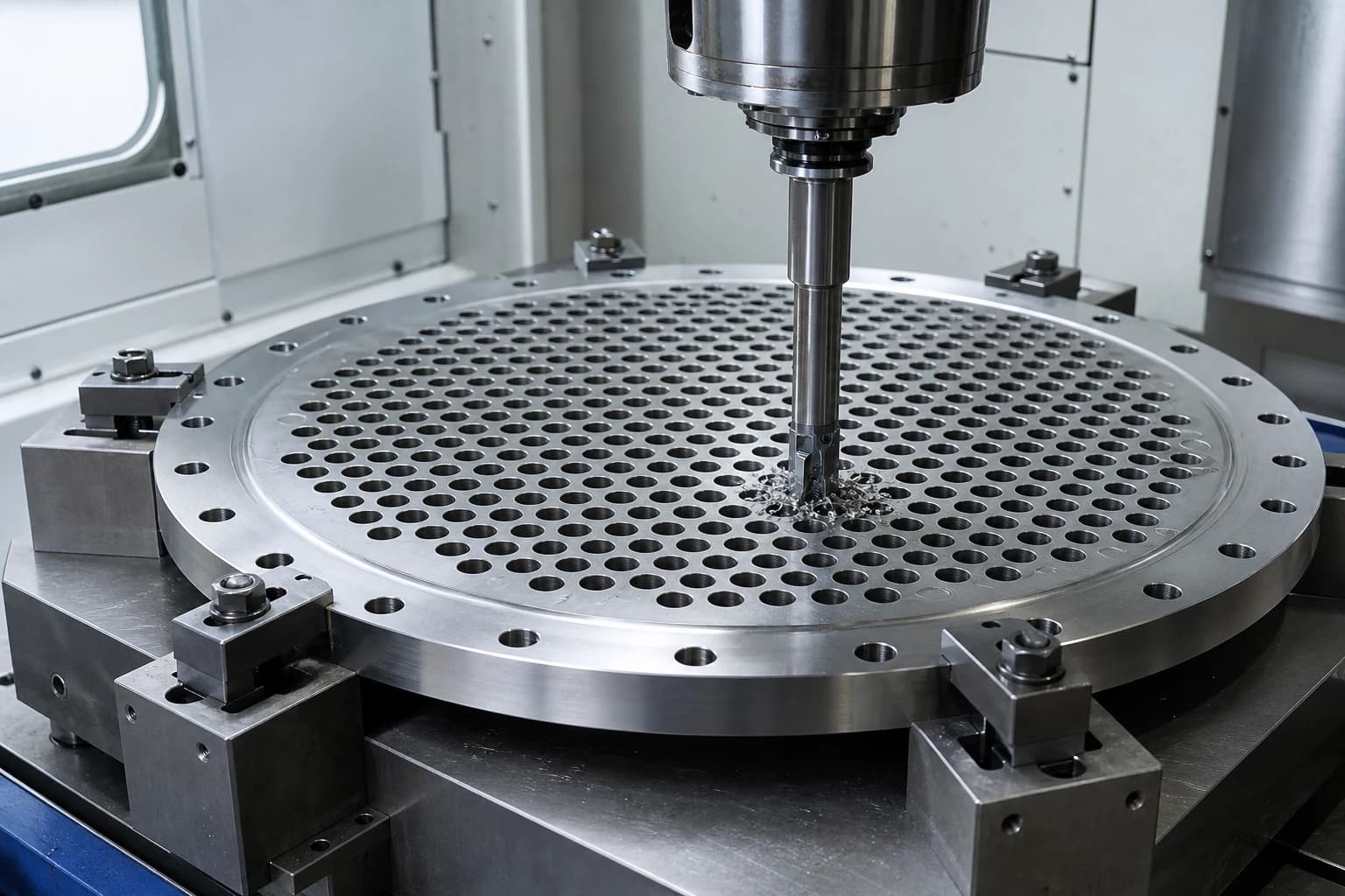 Illustrative CNC tube-sheet drilling setup with a clamped circular plate and regular hole field