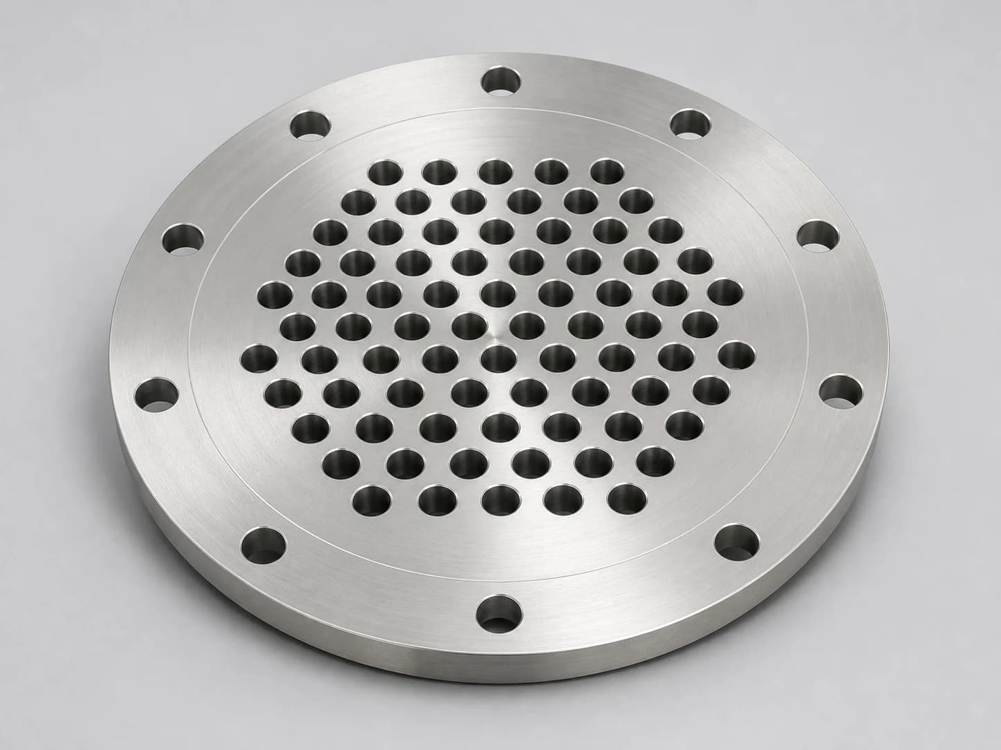Illustrative machined stainless steel tube sheet showing a dense tube-hole pattern, sealing face, and outer bolt circle