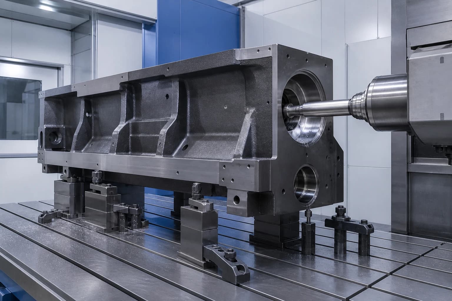 Illustrative large cast-steel housing aligned with a horizontal boring spindle on a supported machine-table setup