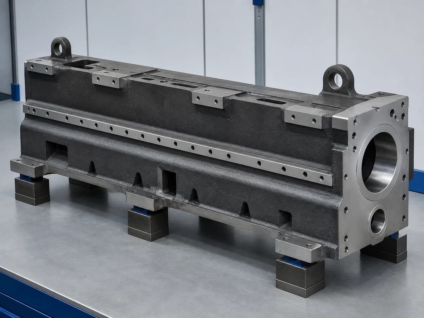 Illustrative large machined steel component showing setup faces, long-span datum features, and support points