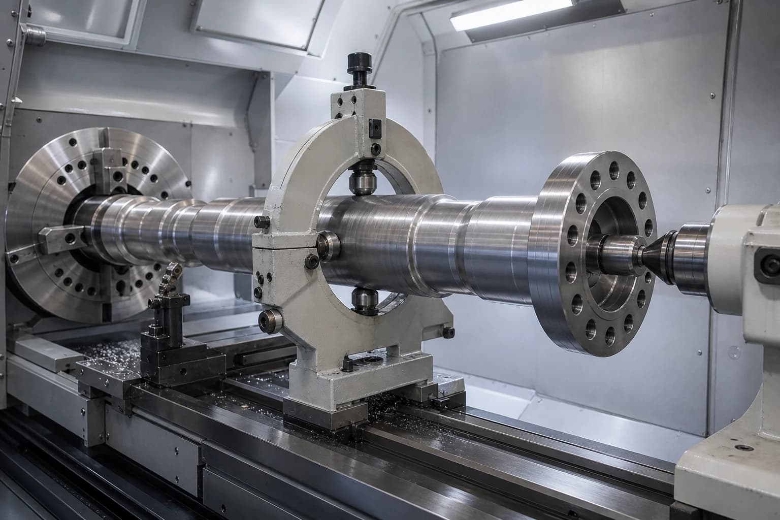 Illustrative large-shaft turning setup with chuck, tailstock, and steady-rest support
