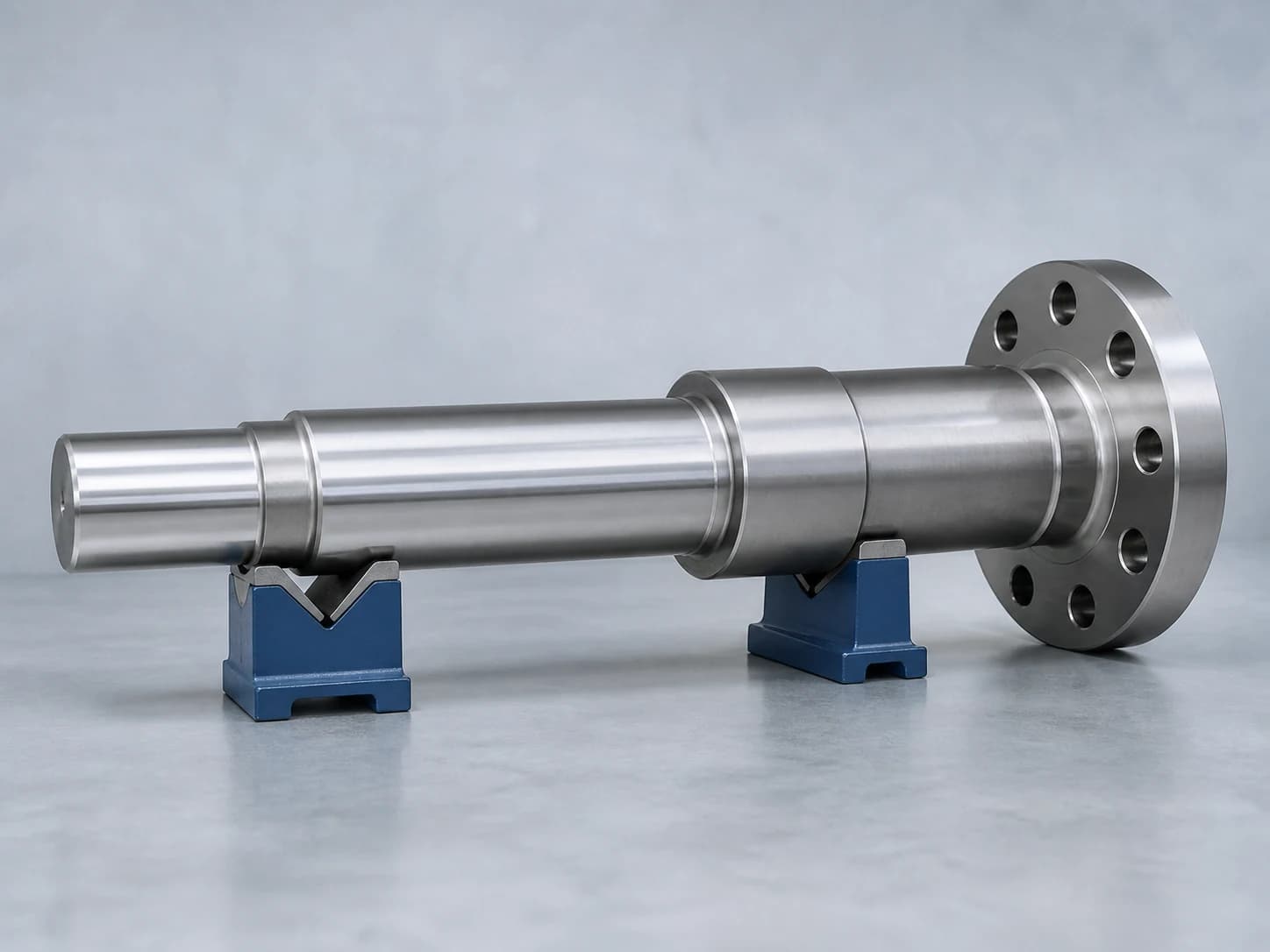 Illustrative large machined steel shaft showing finished journals, a flanged end with a bolt circle, and defined support locations