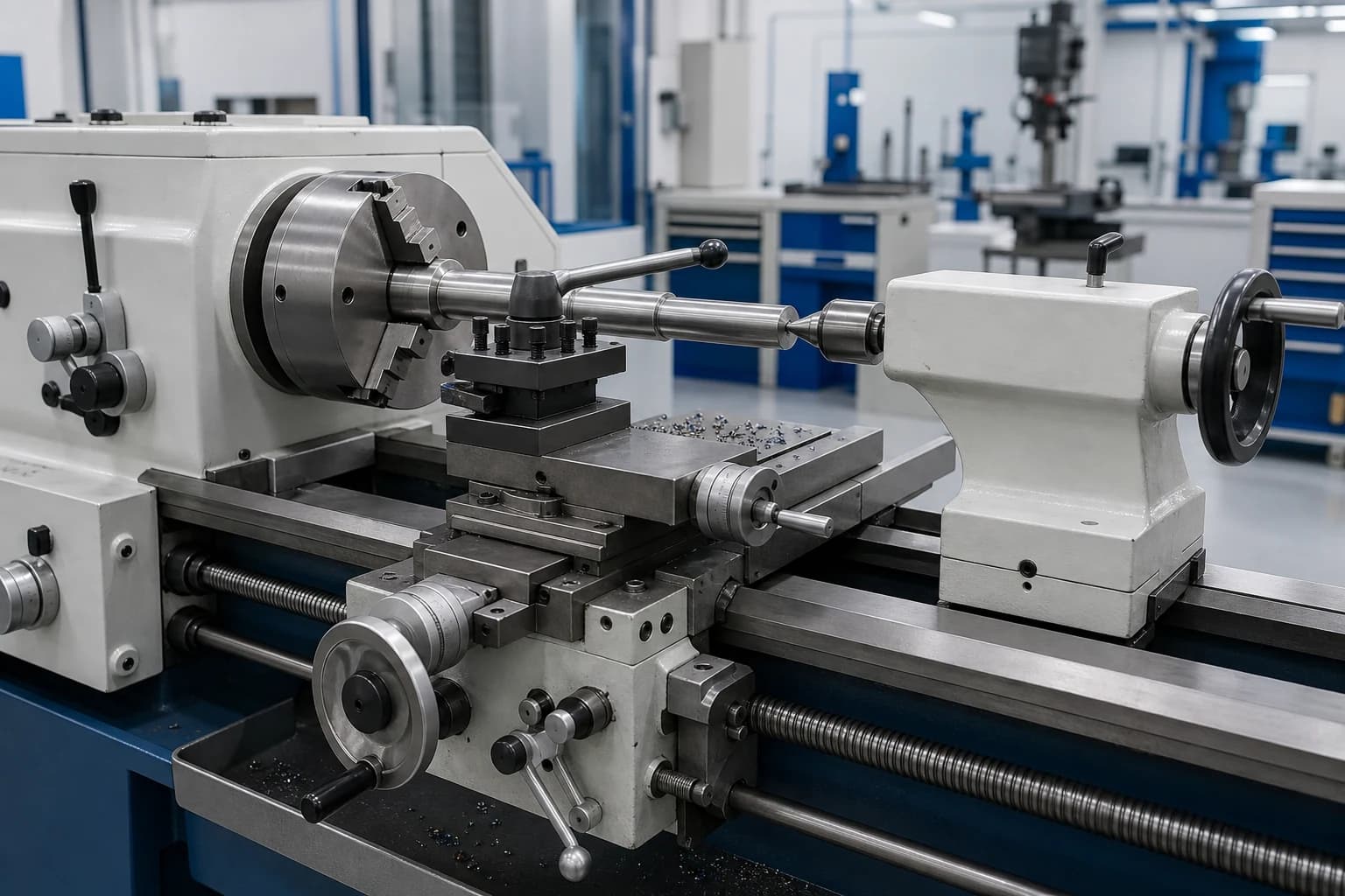 Illustrative conventional turning setup with a stepped steel shaft supported between a chuck and tailstock centre