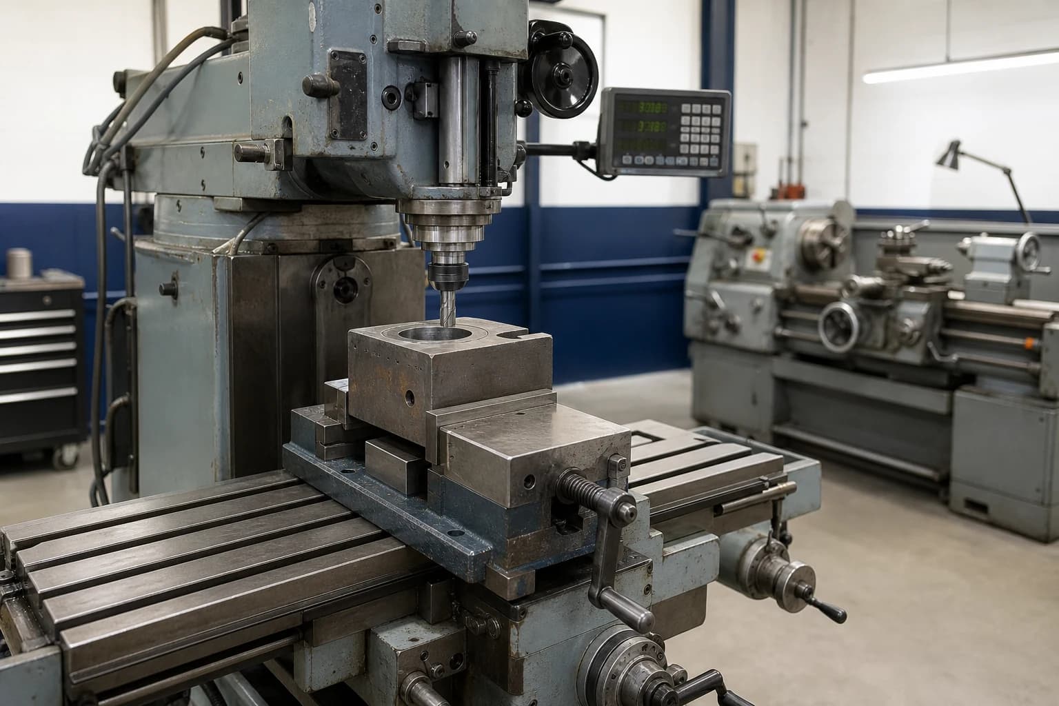 Illustrative manual machining setup with a used steel bearing block secured on a conventional knee mill
