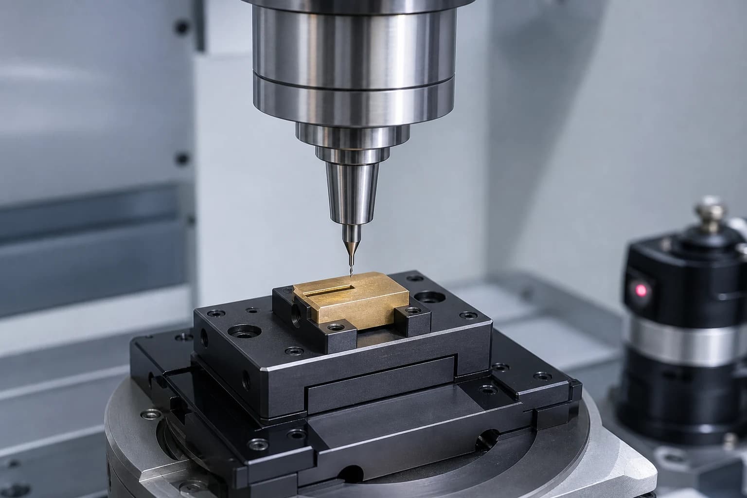 Illustrative micro-milling setup with a small precision coupon secured beneath a high-speed spindle