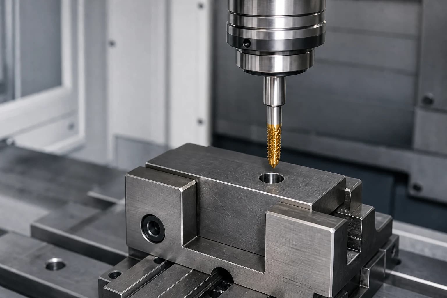 Illustrative machine-tapping setup with a spiral-flute tap aligned above a predrilled hole in a clamped steel block