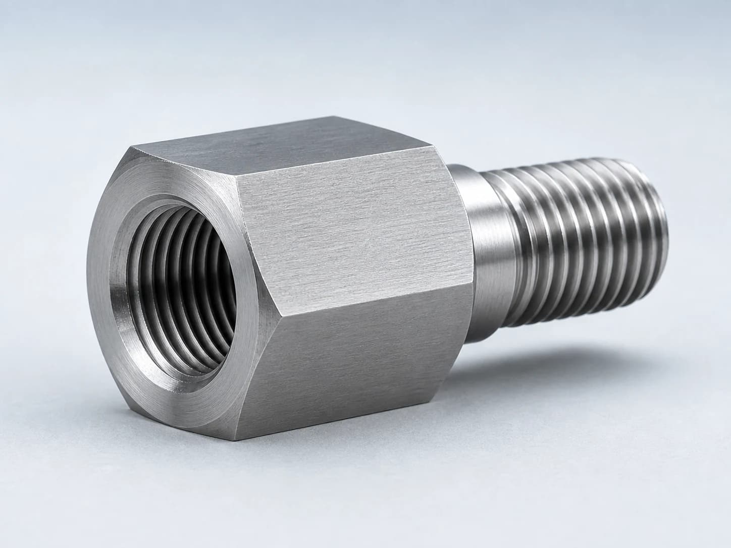 Illustrative machined steel adapter showing an internal threaded bore, an external thread, and a relief at the shoulder