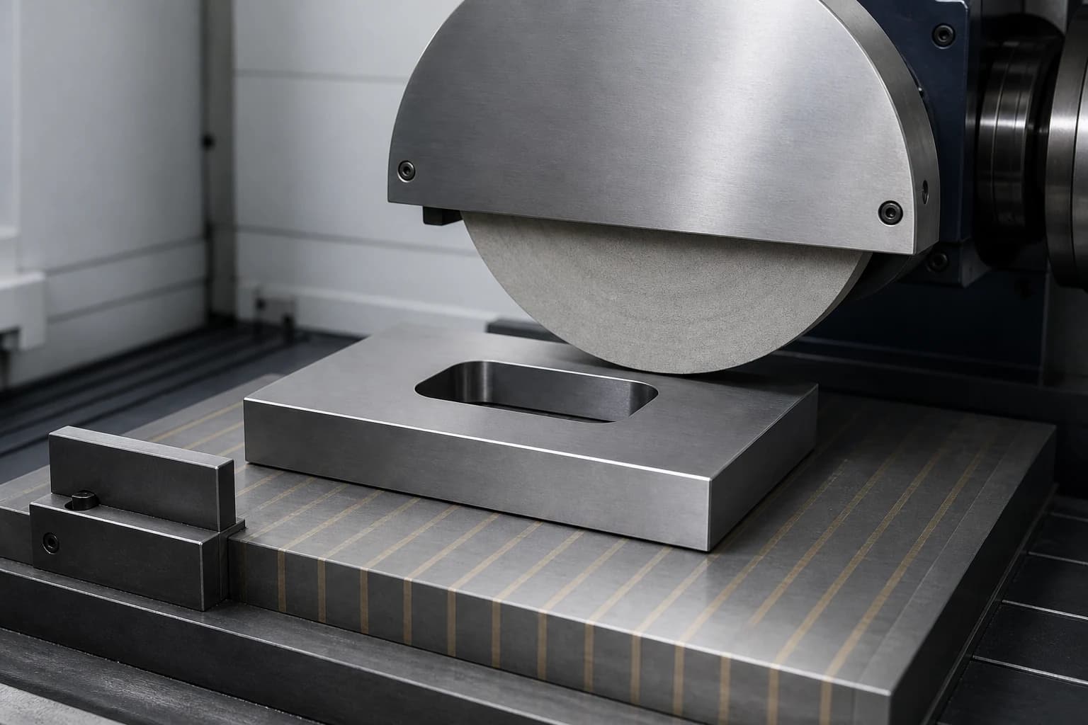 Illustrative surface-grinding setup with a die insert on a magnetic chuck beneath a guarded grinding wheel