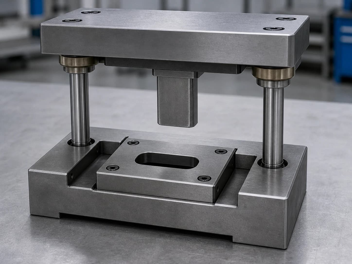 Illustrative modular steel die set showing an upper punch, lower die insert opening, and guide-post locating features
