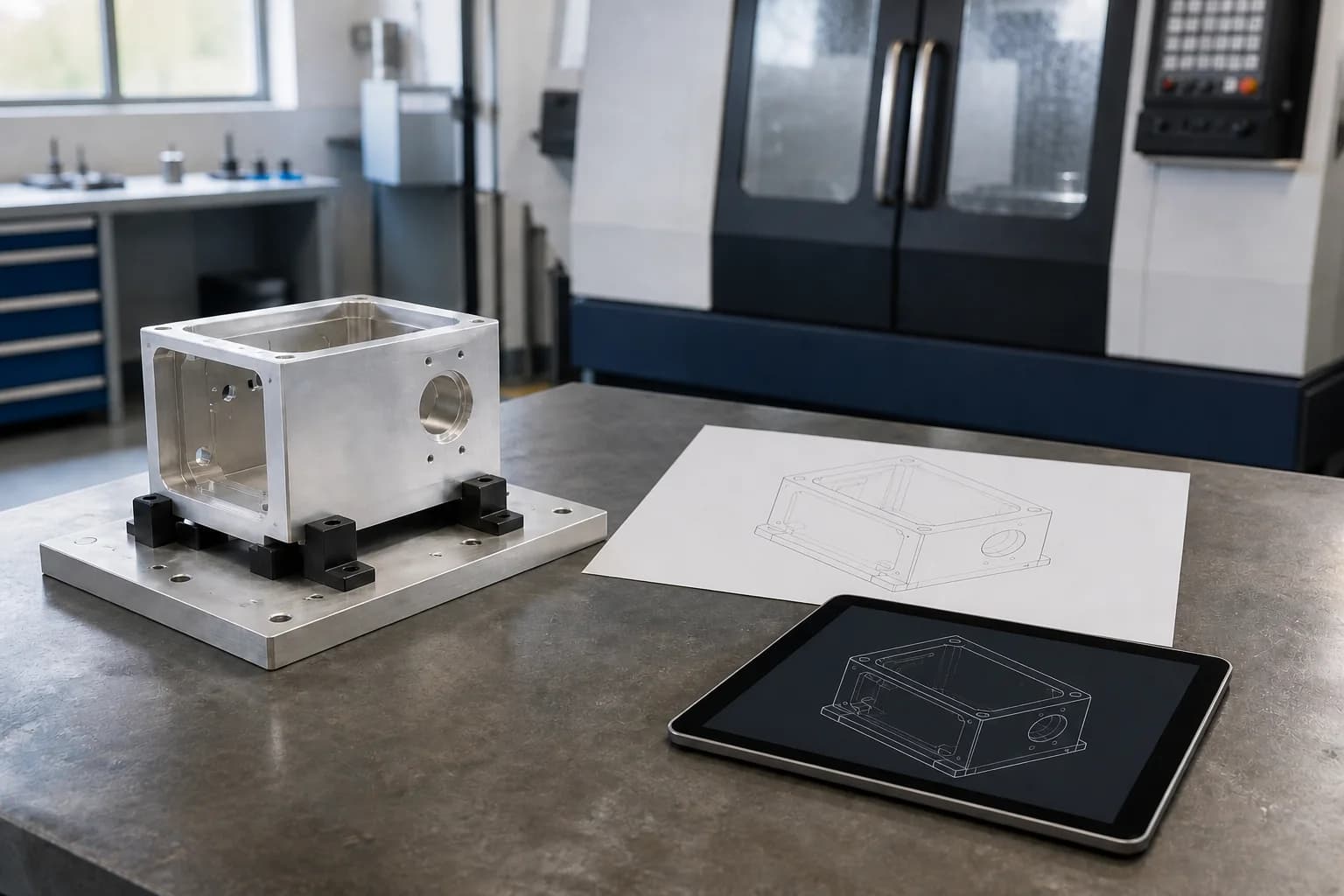 Illustrative manufacturing-request review scene with an aluminum housing, unlabeled drawing, tablet wireframe, and a closed idle machining centre